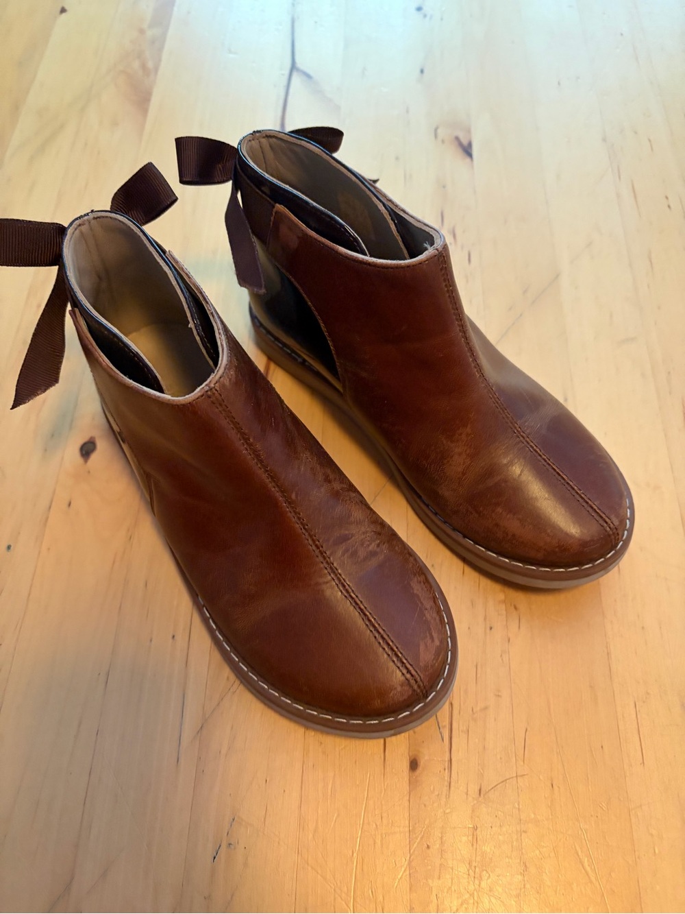 Girls Brown Leather Ankle Booties with Back Ribbon